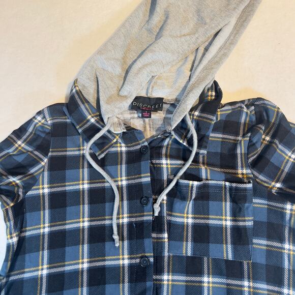 Discreet Button Flannel Shirt Hoodie Woman S Blue Plaid Drawstring Cozy Cuddle - Picture 3 of 10
